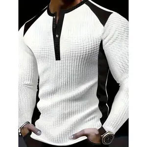 Men's Colorblock Long Sleeve Henley Shirt, Casual Fitted Breathable Top for Spring & Fall, Comfortable Daily Wear