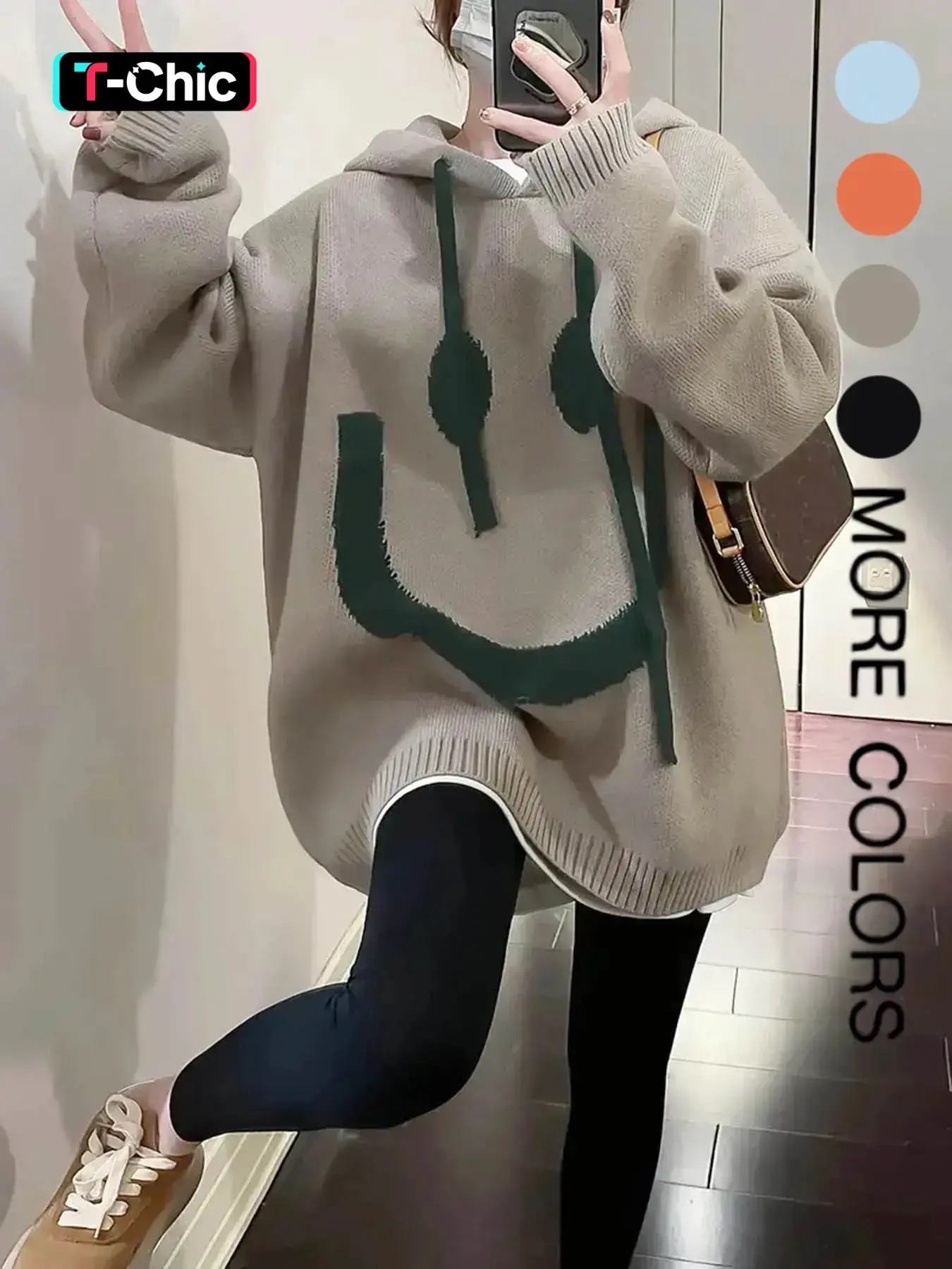 Women's Cartoon Face Print Drop Shoulder Hooded Knitted Soft Sweater, Fashion Casual Style Long Sleeve Drawstring Hooded Sweater for Daily Holiday Outdoor Wear, Women Knitwear Tops for Fall & Winter, Sweaters for Women, Cozy Knitwear, Womenswear
