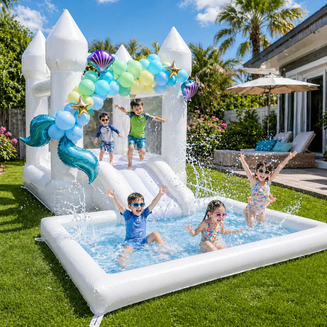 Inflatable White Bounce House for Kids 3-12 with UL Blower - Oxford Material 3-in-1 Portable Bounce House Water Park, Large Ball Pool & Jump Space, Anchor Stakes, Repair Kit for Backyard Water Fun