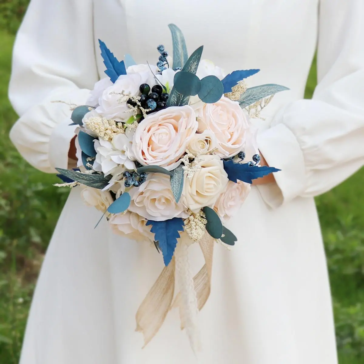Artificial Bridesmaid Handheld Bouquet with Green Foliage and Organza Ribbon Classic Wedding Floral Arrangement