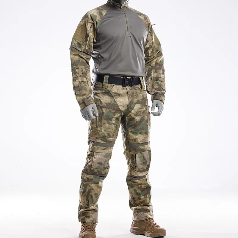 Men's CP Camouflage Tactical Uniform - 4-Way Stretch Quick-Dry Moisture-Wicking Outdoor Clothes, Full-Length Frog Suit with Reinforced Knees, Mesh, Pockets, Abrasion-Resistant Multi-Size Workwear for Airsoft, Fitness Training