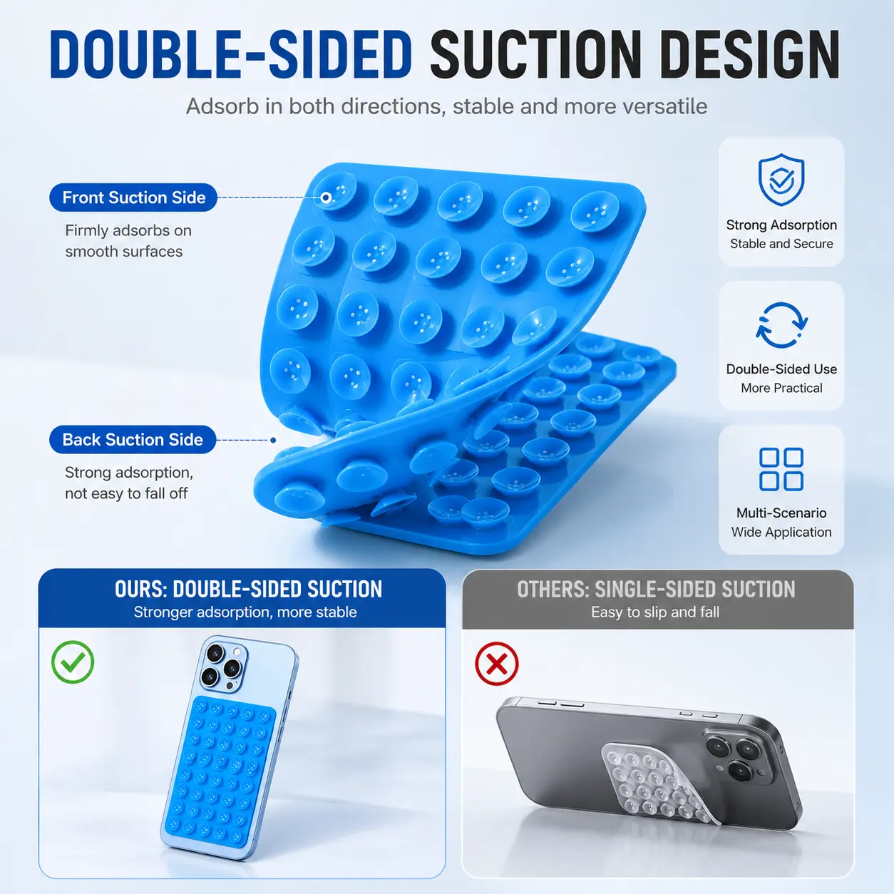 40-Grain Double Sided Silicone Suction Cup Phone Sticker, Reusable Hands Free Phone Mount for Mirror, Fridge, Window & Smooth Surfaces Android Smartphones