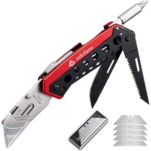 Folding Utility Knife Box Cutter with 5 Razor Blades, Screwdriver, Saw, Fruit Knife, Lock Design, Pocket Clip and Holder for Belt, EDC Heavy Duty Work Knifes, Gift for Men Dad Him