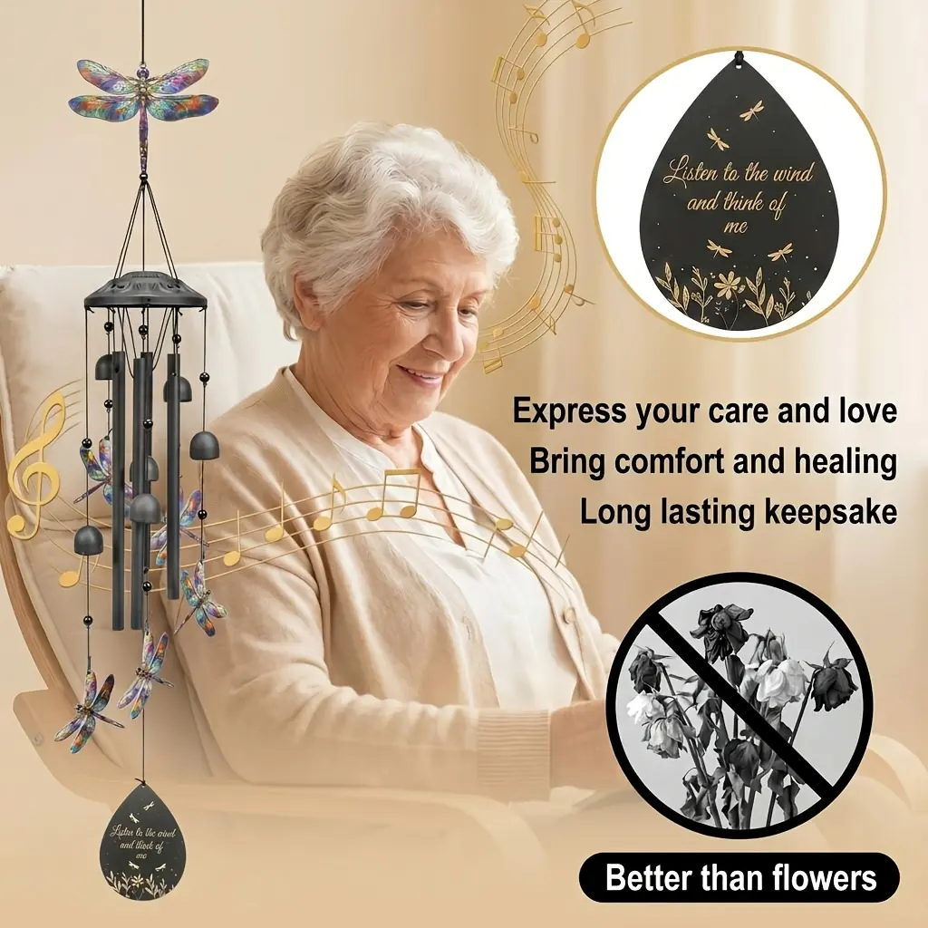 Deep Tone Dragonfly Wind Chimes - Outdoor Decorative Hanging Home Decor for Garden, Patio, Porch - Memorial Sympathy Bereavement Gift for Women - Ideal for Birthday, Mother's Day, Christmas