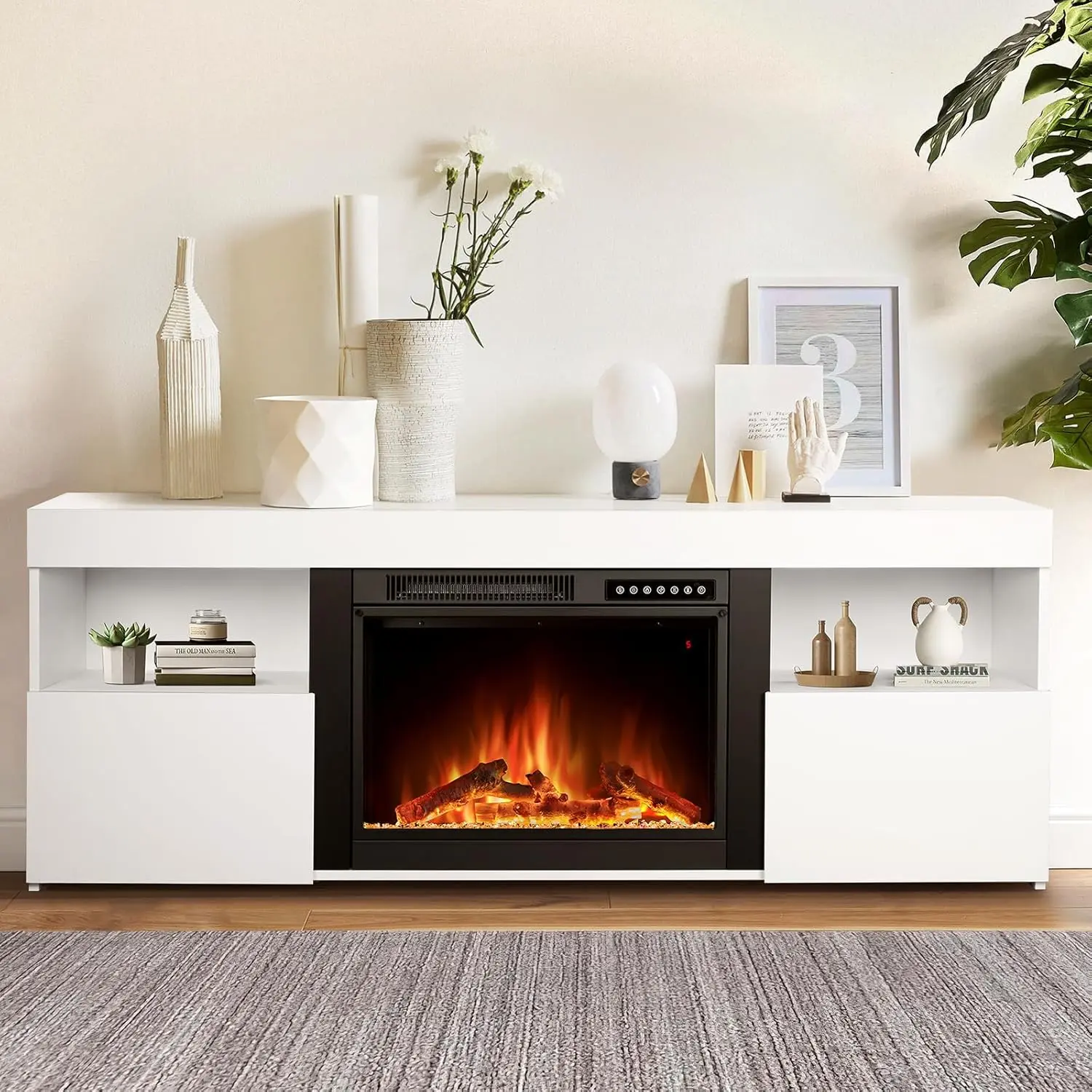 R.W.FLAME  Wall Mount Electric Fireplace Heater with Mantel, Remote, 4 Flame & 12 Ember Colors, Thermostat Control, Overheat Protection, for Indoor Use