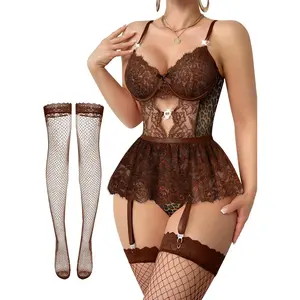 Sexy Stocking Rhinestones Heart Garter Underwire Floral Mesh lace Sheer Babydoll Lingerie Teddy Bodysuit Skirt Set