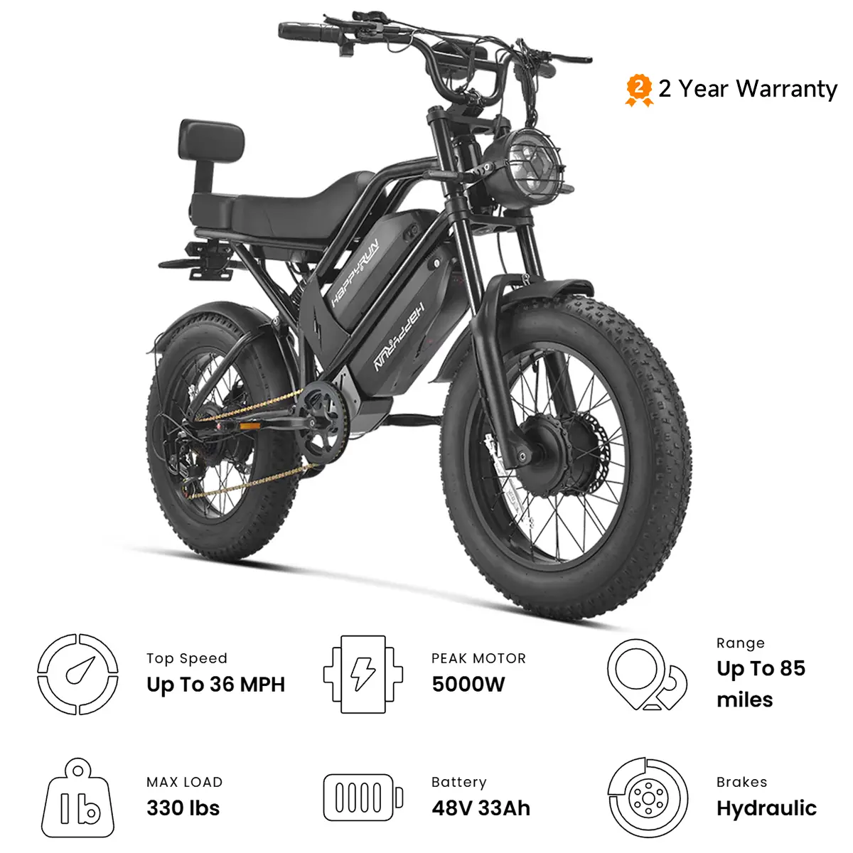 HAPPYRUN G70 Pro Unisex Dual Motor Adult Size Electric Bike, 5000 Peak Motor, Removable Dual Battery Swap (38Ah), 20" Fat Tire, All-Terrain, 36MPH, 85+ Mi Range, Hydraulic Disc Brake, Off-Road Commuter Ebike