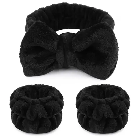 3 Pcs bubble headband Spa Wristband & Headband, Fluffy Bow Tie Microfiber 1 Pcs  Face Headband and 2Pcs Wrist Spa Absorbent Wristbands
