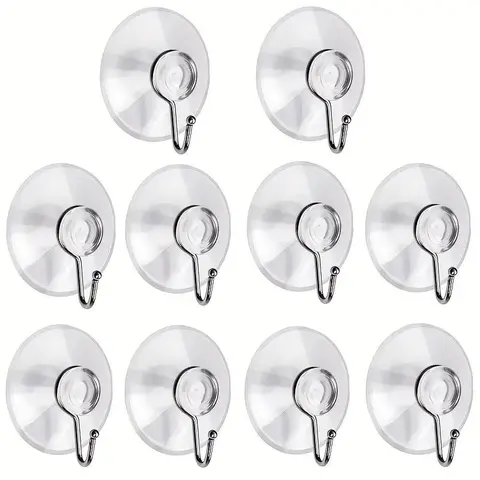 Suction Cup Hook, 10pcs Reusable Clear Strong Suction Cup Hook with Metal Hook, Removable Suction Cup Hook for Bathroom Shower Wall, Kitchen Walls, Window, Glass Door, Bathroom Accessory, Shower Suction Cup Hooks