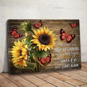2D Flat 11.81x15.75in Traditional Rustic Sunflower Butterfly Canvas Painting, Vintage Wall Art, Motivational Quote Every Day Is A NEW BEGINNING - Take A Deep Breath Smile - START AGAIN, Inspirational Home Decor, Living Room, Bedroom Decoration, Multi-Size