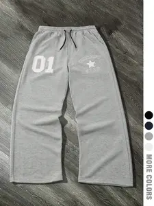 New Casual Straight Leg Knitted Pants, Simple Letter Print, Essential Home Wear, Unisex All-Season Loose-Fit Bottoms, Moderate Fabric, Trouser