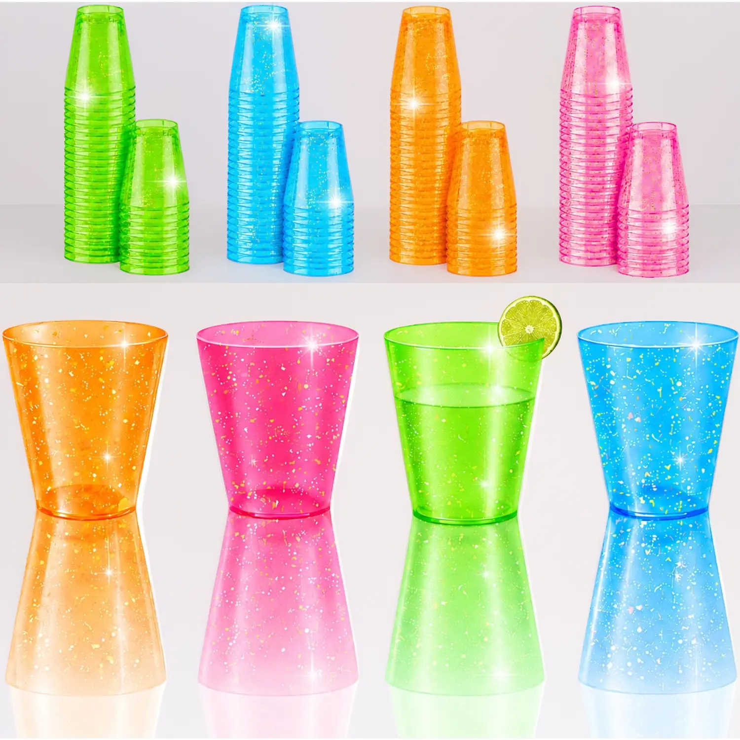 100 COUNT (2 oz) NEON SPARKLE |     PLASTIC SHOT GLASS CUPS |     Disposable BRIGHT MULTI-COLOR Variety Pack |     Glow Party Disco Rave Trinkets Decorations Accessories Decor