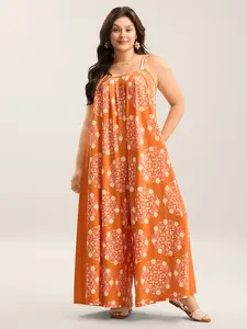 BLOOMCHIC Plus Size Sleeveless Bohemian Fashion Polyester Jumpsuit - Stretchy, Adjustable Strap, Lightweight, Sunkissed, Fit , [M-6X]2026 Summer Vibes Womenswear Fabric Swimweek