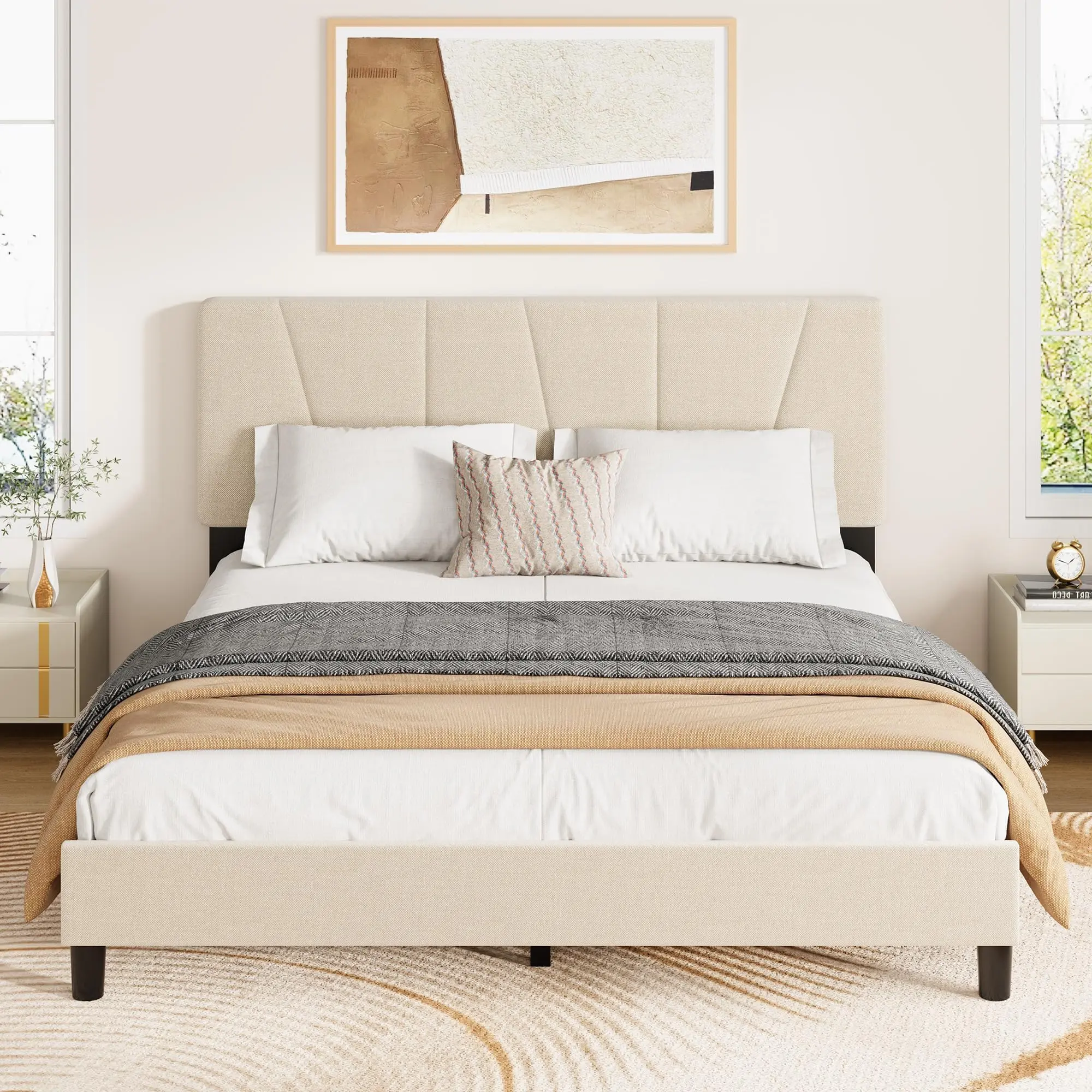 Modern Upholstered Velvet Bedroom Bedframe (Twin, Full, Queen, King Sizes) - Adjustable Headboard, Rubber-Cushioned Wooden Slats, 1000 lbs Heavy-Duty Support, Quiet Design, No Box Spring Needed, Easy Assembly, Beige Upholstered Bed Frames
