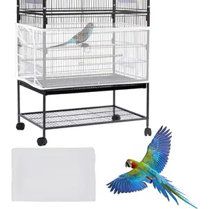 Large Bird Cage Cover, Bird Cage Seed Catcher, Adjustable Soft Airy Nylon Mesh Net, Birdcage Cover Skirt Seed Guard for Parrot Parakeet Macaw  Round Square Cages (White)