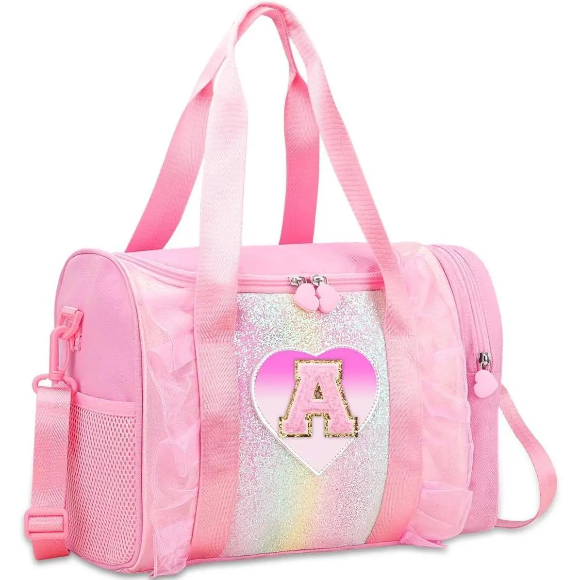 P-CPB03 Personalized Initial Girls' Dance Duffle Bag - Lightweight Water-Resistant Oxford Childrens Bag for Toddler Ballet, Sleepovers, Gymnastics Gift (Pink A)