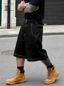 Men's Loose Fit Denim Shorts, Street Style Floral Embroidery Design, Comfortable Straight Leg Jeans for Casual Wear, Streetwear