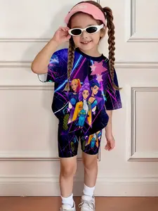 High Elastic Breathable Girls' Sports Set Activewear Spring Summer New Starry Sky Cartoon Print Kids Clothing, Asymmetrical Design, Natural Waist Shorts