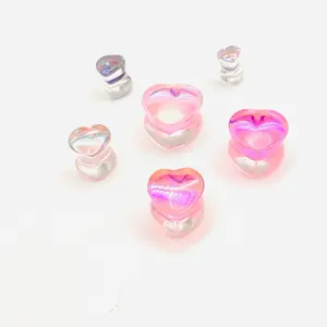 Iridescent Heart Ear Plugs Gauges Ear Tunnels in Pink and Silver Colors for Stylish Ear Piercings with Unique Iridescent Finish