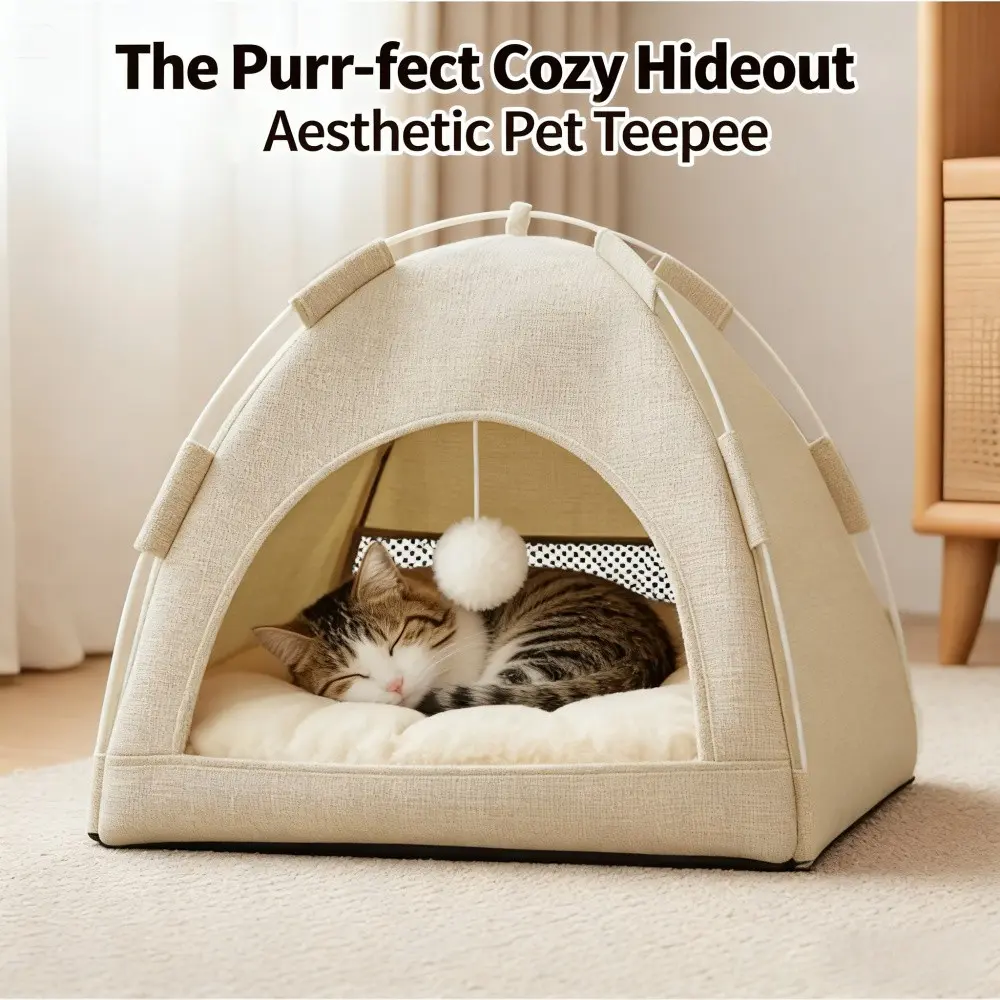 Aesthetic Cat Tent Bed | Foldable Pet Teepee with Cushion & Toy | Semi-Enclosed Cozy Cave House for Indoor Cats & Small Dogs