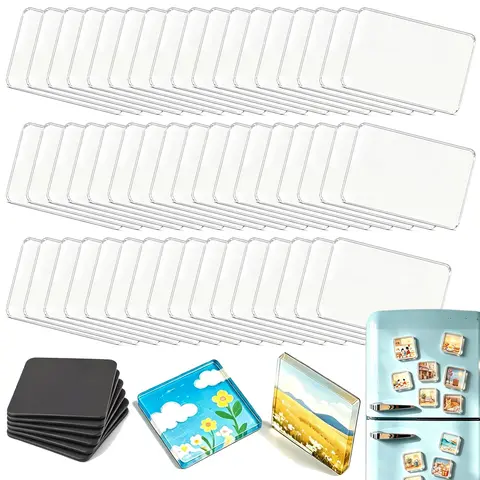 50PCS DIY refrigerator magnets, magnetic photo frames, made of transparent acrylic with adhesive backing, square/rectangular magnets, suitable for crafts, kitchen, classroom, party, and office decorations.