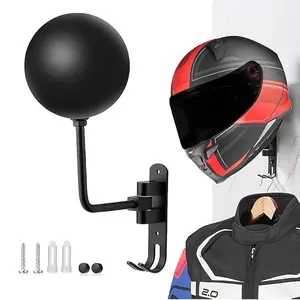 Motorcycle Helmet Rack, Wall Mounted Helmet Holder with 2 Hooks, Universal Motorcycle Accessories for Jacket, Hat, Football, Baseball, Organiser