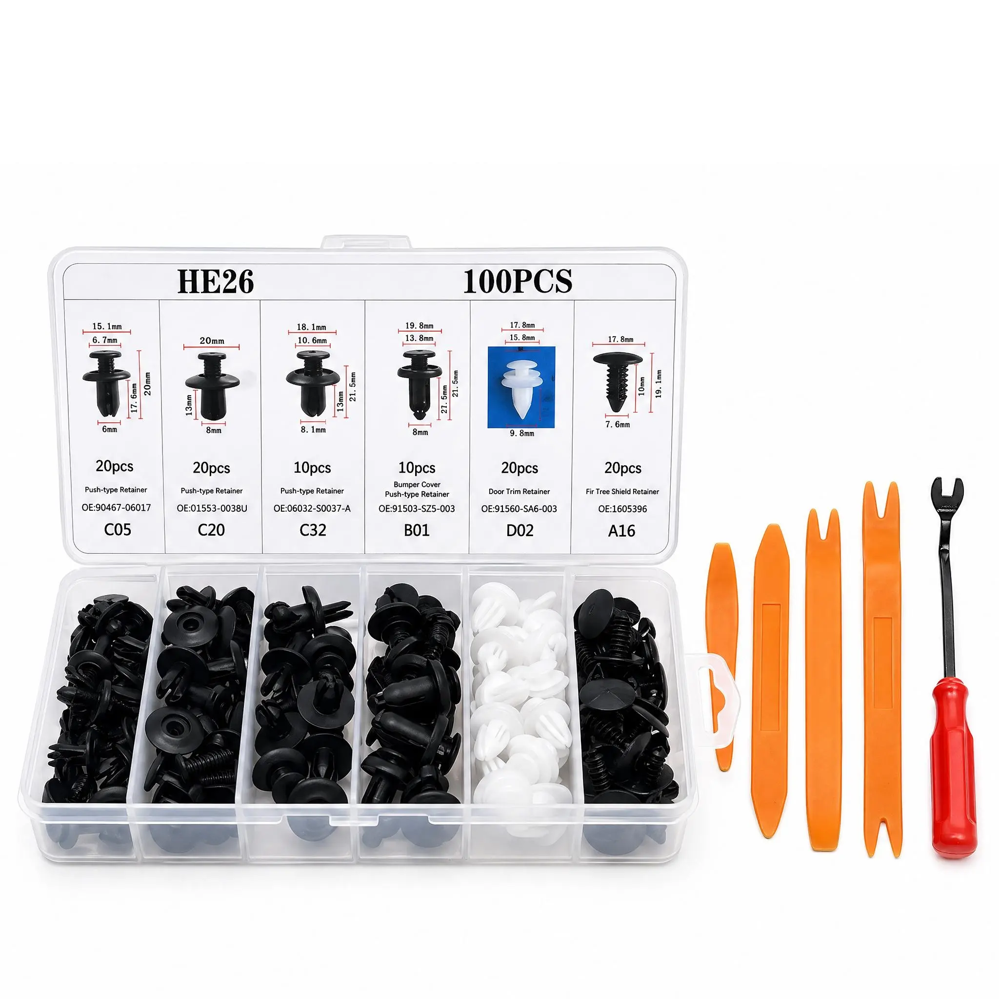HE26 100pcs Universal Automotive Keyless Bolt Snaps Expansion Screw Clip Set - 6 Popular Sizes, 5 Trim Removal Tools, for Trucks, Bumpers, Trim Repair, Panel Retention