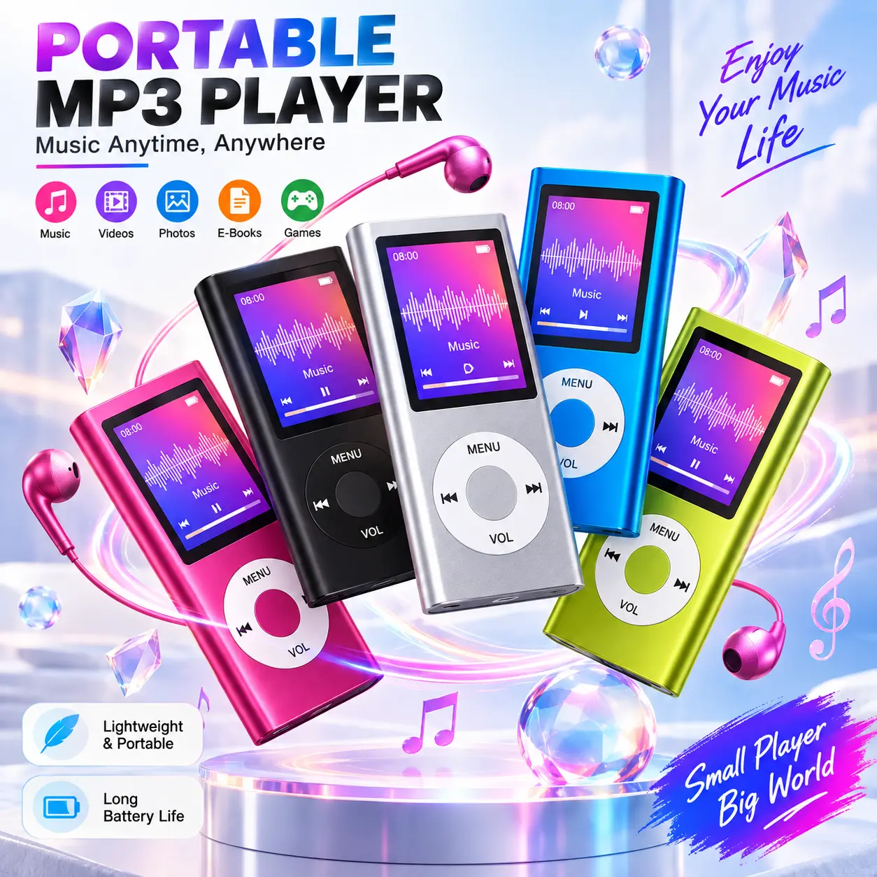 Portable Digital MP3 Player for Portable Car Audio, Pocket-Sized Compact Device with Programmable LED Screen, Lossless Audio Output, 64GB TF Card Support, Wired Earphones & 2 Accessories