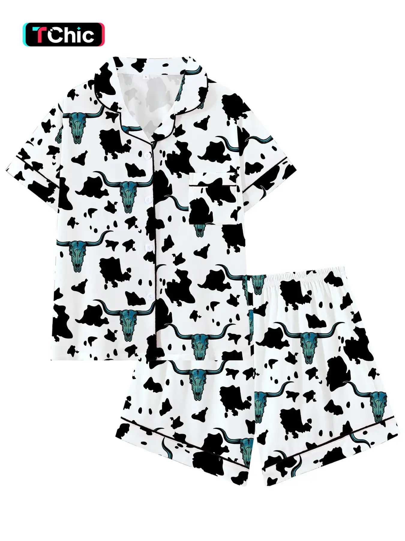 Aesthetic Cow & Turquoise Steer Skull Pattern Pajama Set, Chic Cute Summer Sleepwear, Soft Short Sleeve Button Down Top & Shorts Set, Western Style 2-Piece PJs, Fun Nashville Bachelorette Nightwear, Animal Print Pajamas, Loungewear