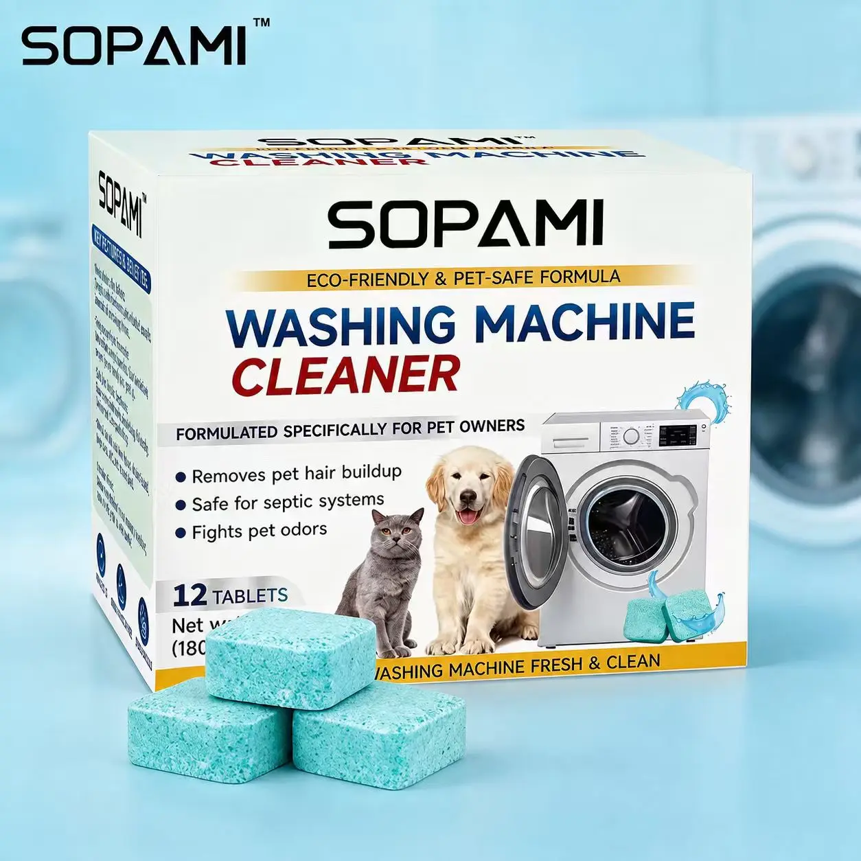 SOPAMI Washing Machine Cleaner Tablets 12 count formulated for pet owners fragrance free neutralizes pet odors removes pet hair buildup safe for septic systems dissolves dirt and residue