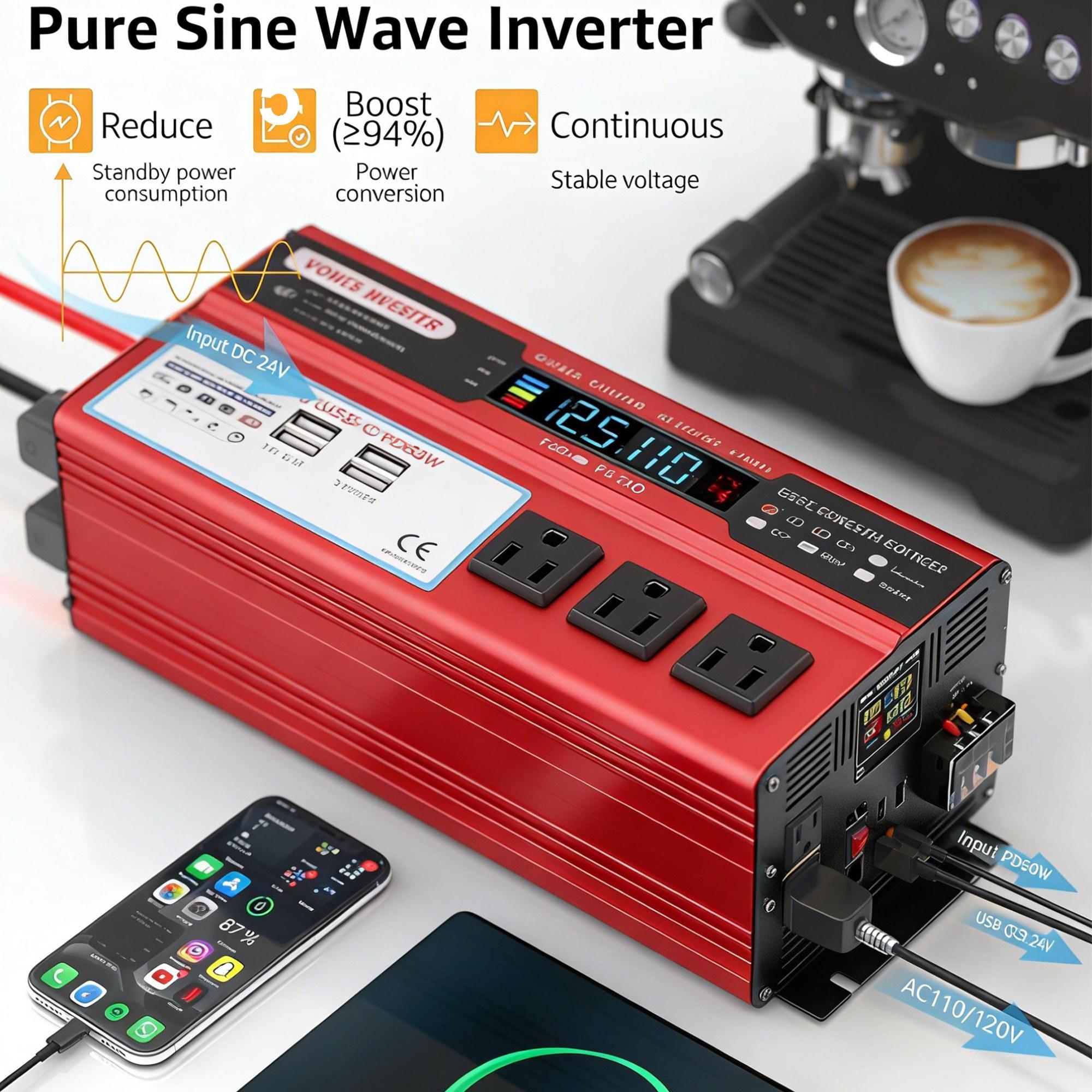 Multi-Protection Vehicle Power Inverter DC 12V to 110V AC with 3 AC Sockets 4 USB Charging Ports 5000W Peak Output Compact Car Converter Ideal for Outdoor Camping RV Truck Travel and Emergency Power Supply