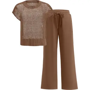 Women Two Piece Outfits Crochet Sheer Knit Sweater Top Wide Leg Pants Lounge Matching Sets Sweatsuit Travel ClothesGift
