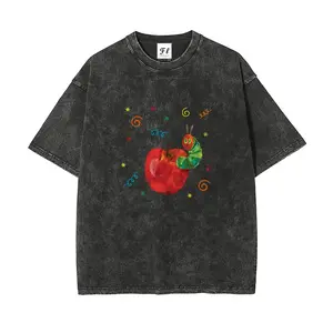 Vintage Washed T-Shirt for Women, Summer Oversized Cotton Graphic Tee, Retro Hungry Caterpillar Apple Print Short Sleeve Top, Aesthetic Acid Wash Distressed Tshirt