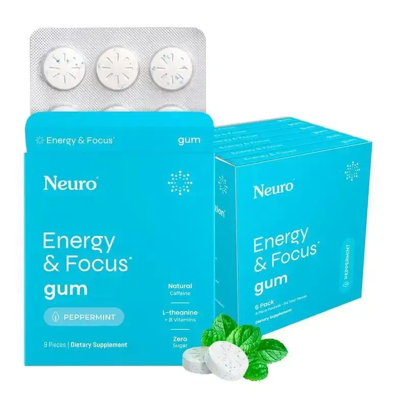 Neuro Energy & Focus Sugar Free Gum, Natural Caffeine L-Theanine Focus Supplement, Peppermint Flavor Nootropic Chewing Gum, Support Alertness & Mental Clarity for Work Study