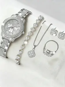 6pcs Elegant Women's Quartz Watch Set, Including Silver Alloy Band Quartz Watch, Bracelet, Necklace, Earrings, Ring, Designed With Cool-Toned Rhinestones As The Center