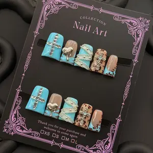 10pcs Y2K Style Duck Nail Stickers, Blue & Glossy Rhinestone Nails, Heart Cross Ribbon Design, Perfect for Parties Weddings Daily Wear, Includes Tools