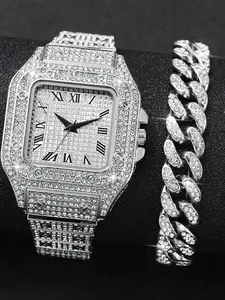 Unisex Quartz Watch and Bracelet Set, Silver Stainless Steel Bracelet, Diamond, Men's Watches, Rhinestone Wristwatch, 2pcs