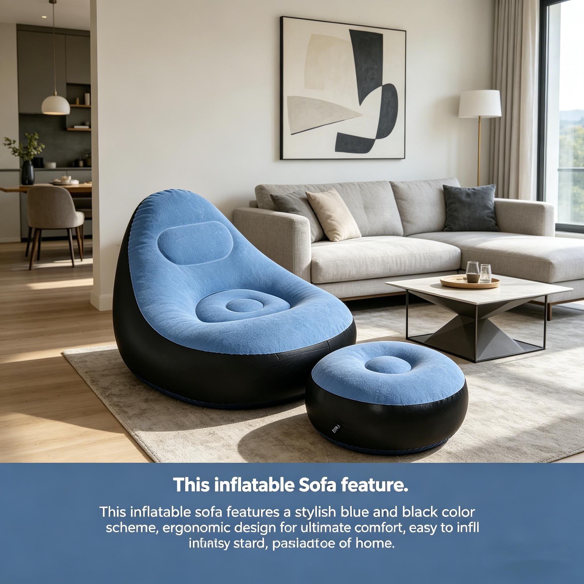 1pc Soft Flocked Inflatable Sofa with Footrest in Blue, Lightweight Foldable Single Recliner, Easy Storage Lounge Chair for Indoor Living Room Balcony Outdoor Camping Relax