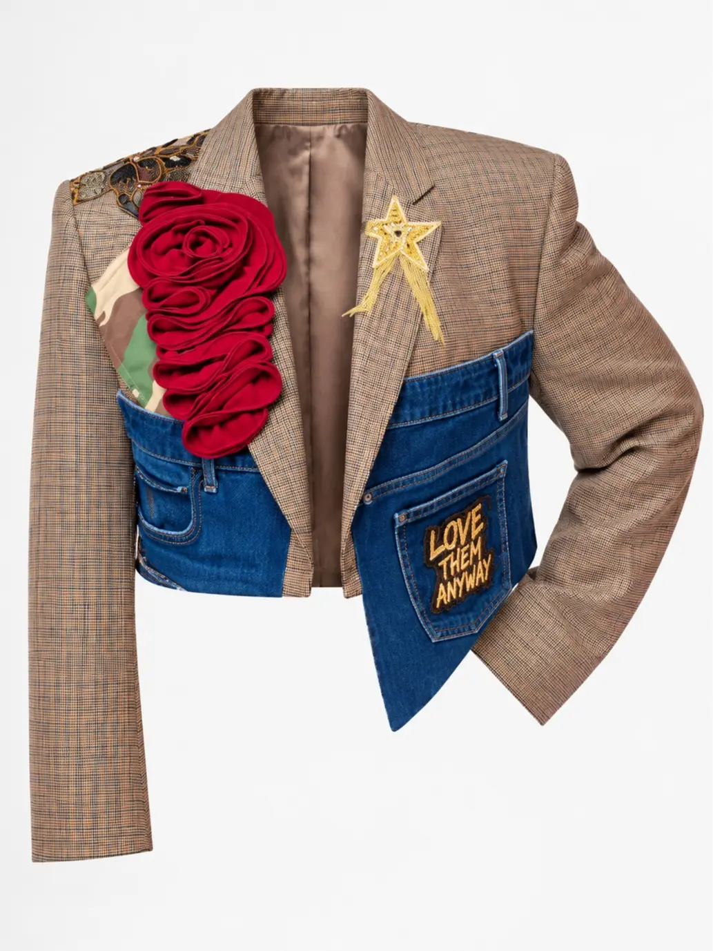 Love Them Anyway Embellished Cropped Blazer with Plaid Tailoring Denim Panels Burgundy Floral Appliqués Gold Embellishments