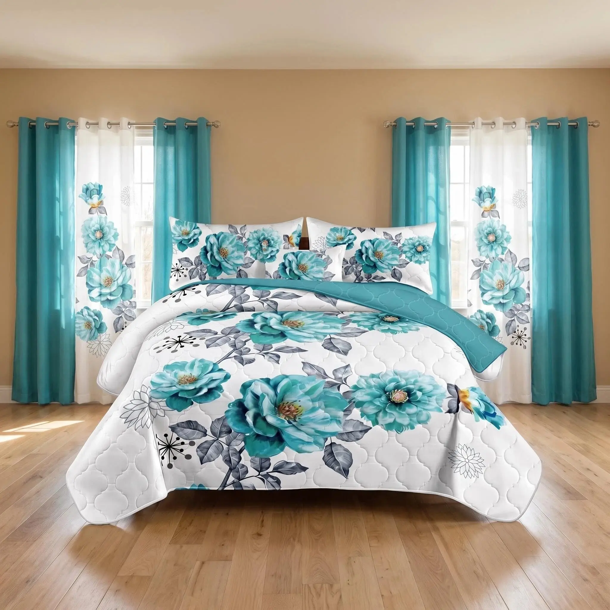 Reylox 9-Piece Thick Plush Bamboo Microfiber Bedding Set - Green Floral Decorative Bedding, Bamboo Microfiber Feels Silky on Skin, Durable All-Season Queen/King/Full Size, Farmhouse Gift with Curtain Set Bonus for Home Decor