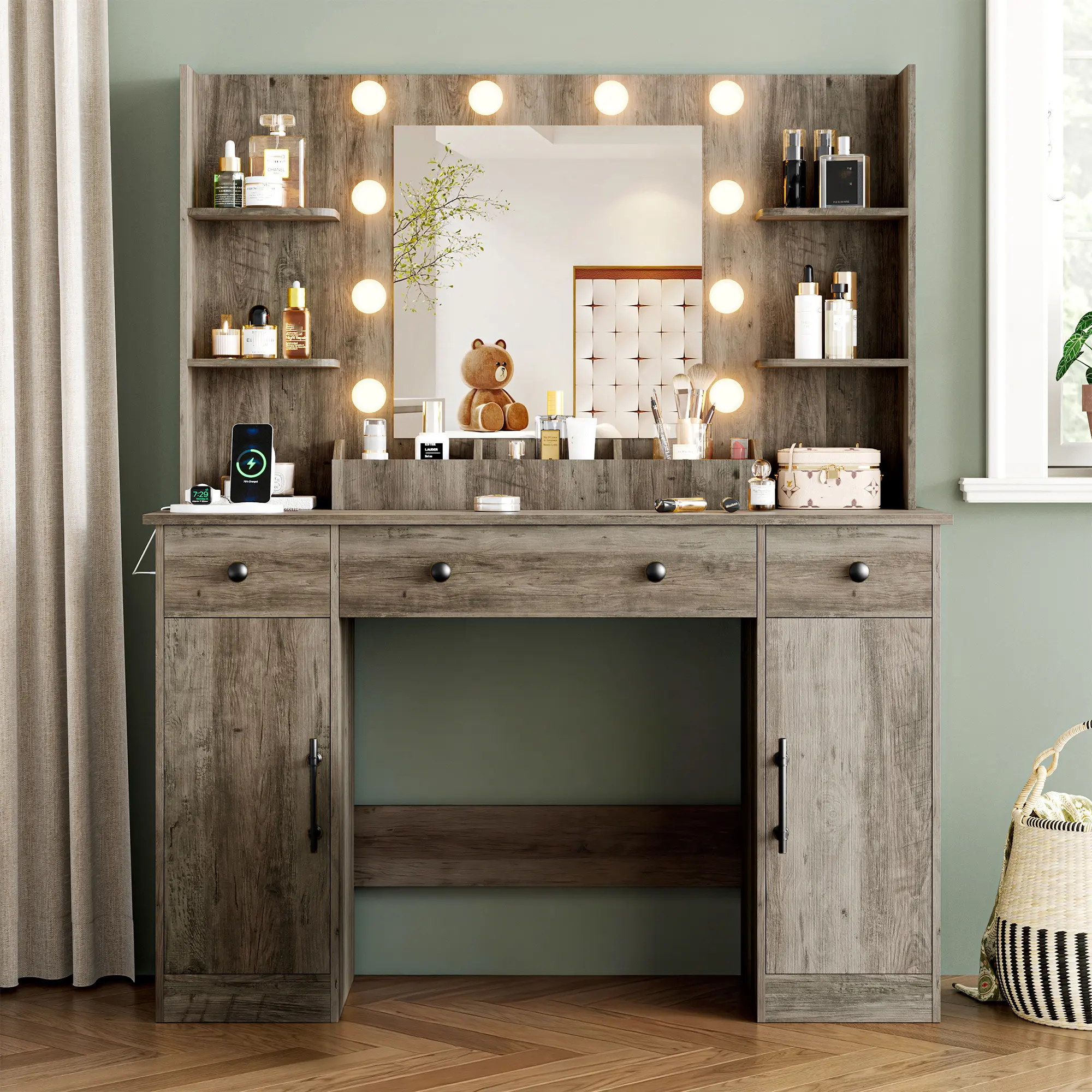 White Vanity Table with Mirror & RGB LED Lighting 3 Drawers & Cabinet Charging Station Women's Dressing Table Lighted Makeup fathers day gift ideas