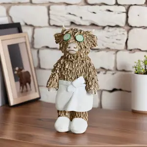 Highland Cow Bathrobe Figurine with Cucumber Eyes, Animal Resin Figurine, Collectible Room Decor, Quirky Indoor and Outdoor Decor for Home, Unique Gift for Parties and Display