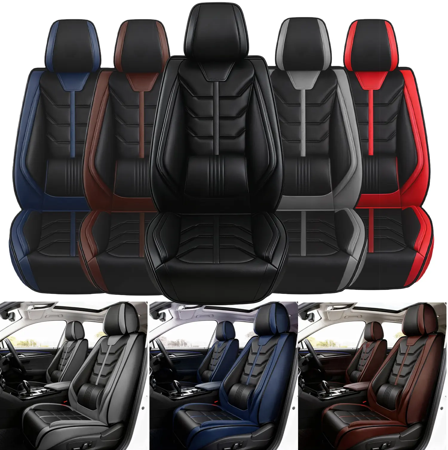 5 Seats Car Seat Covers Full Set,  Waterproof Leather 40/60 Spilt Bench Cover with 3D Lumbar Design, Universal For Nissan /Honda /Civic /CRV /Hrv /Kia /Sorento /Toyota /Corolla /4Runner /Camry /Hyundai /Mazda /Acura (Black Red), Car Seat Protectors, Unive