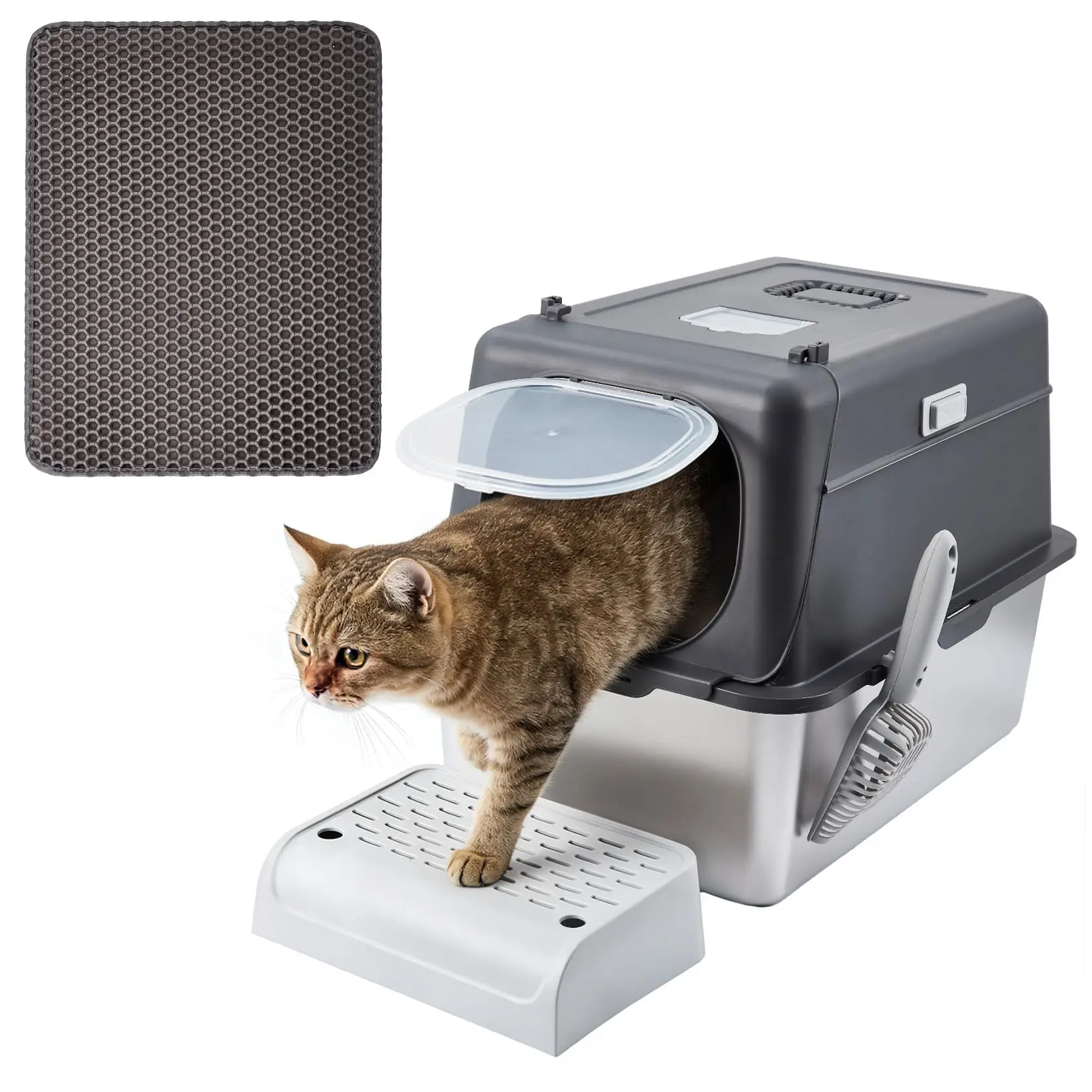 Garvee Stainless Steel Cat Litter Box with Enclosed Design, Available in 15cm and 20cm Depths, Dark Gray Color, Durable and Practical Cat Litter Container and Toilet Box