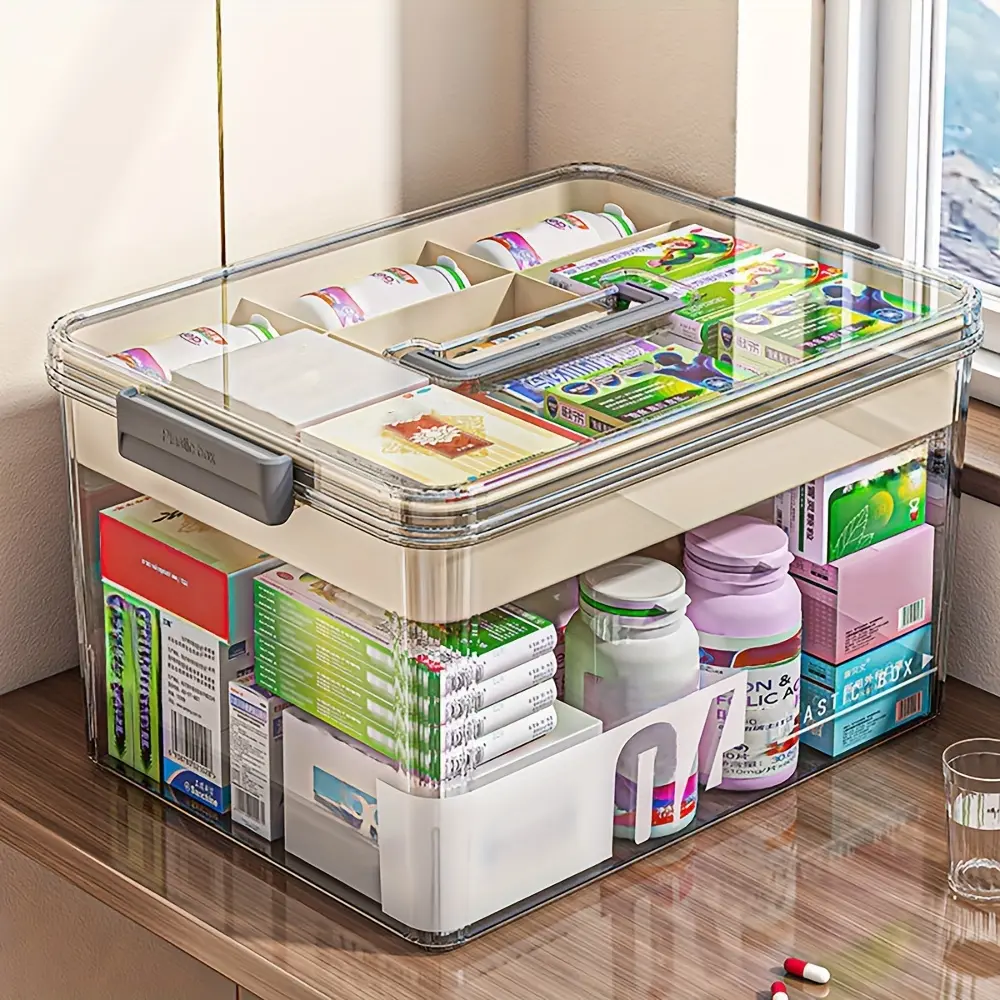 1 large-capacity plastic multi-layer medical first aid storage box with buckle cover and handle - portable medical storage box, High Capacity Storage, suitable for home, travel, home and office storage