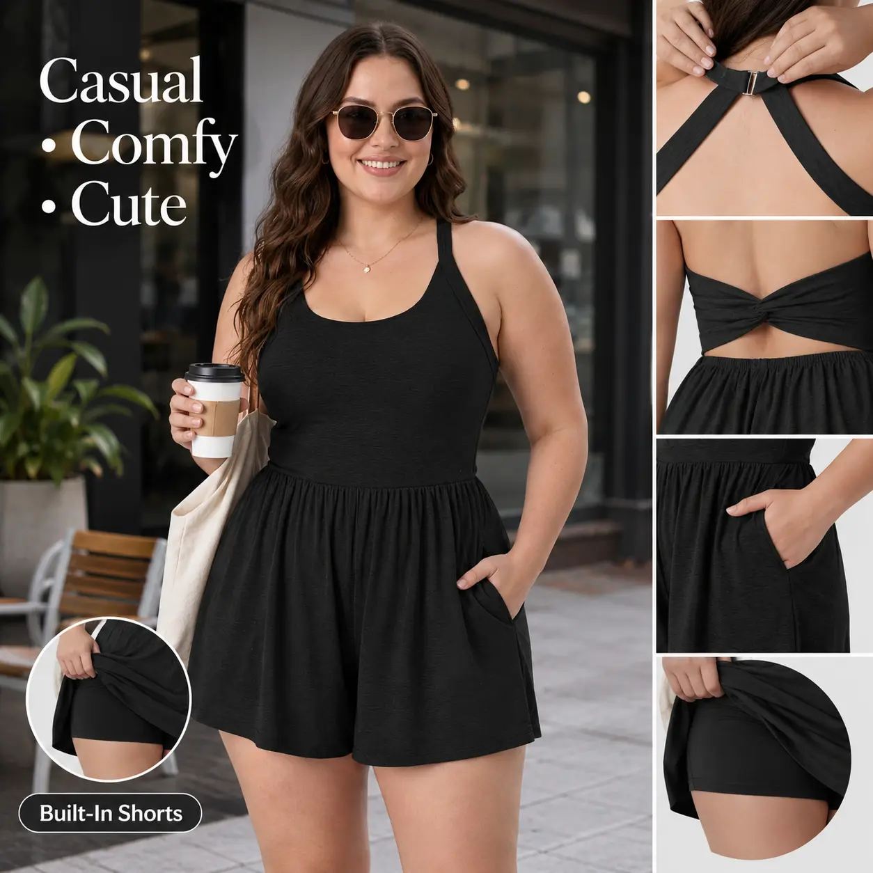 Backless Twist Romper for Women with Built-In Shorts, NO BRA, Side Pockets, Soft Stretch Sleeveless 2-in-1 Summer Resort Romper for Casual, Sport & Vacation Wear, summer hairstyles, outdoor furniture set, 4th of july outfits