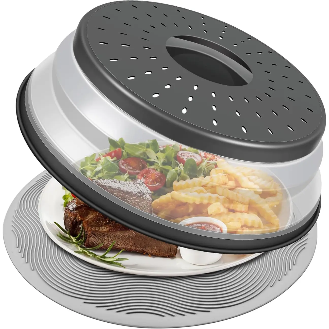 10 Inch Microwave Food Cover  - Splatter Guard, Plate Holder & Kitchen Colander for Meal Prep, Charcoal
