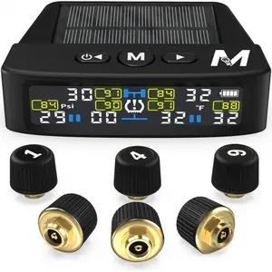 Tire Pressure Monitoring System - Set of 4 TPMS Sensors for Trailer, RV, Camper, Truck (0-98PSI)| 50ft Extended Range Air Monitor Kit| Solar Charge & 6 Alarm Modes|