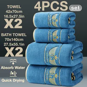 4-Piece Gold Thread Embroidered Decorative Bath & Hand Towels Set, Quick-Dry Super Absorbent Microfiber, Modern Simple Bathroom Essentials