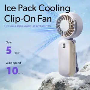 Portable Clip-On Fan with Ice Pack Cooling, 5 Speed 10m/s Strong Wind Rechargeable Fan, 4000mAh Battery, 360°/180° Rotation, Brushless Motor, LED Display, Wearable Mini Cooling Fan for Umbrella, Travel, Outdoor